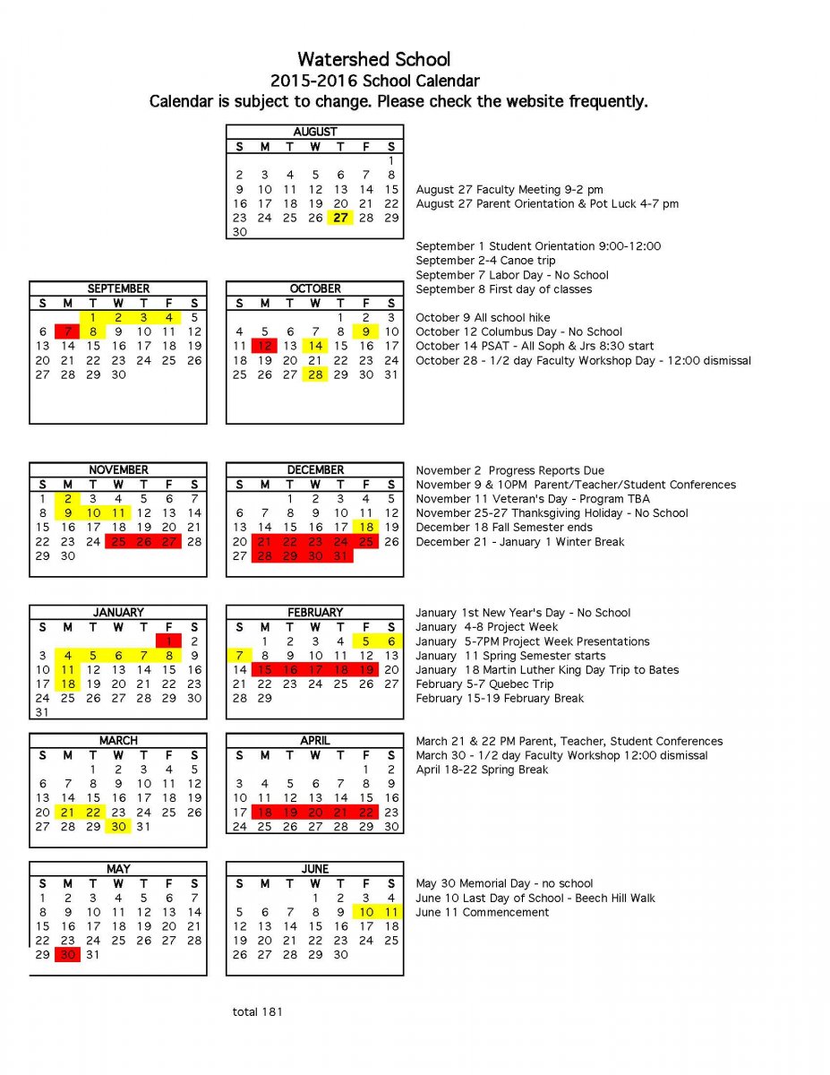 20152016 School Calendar Watershed School